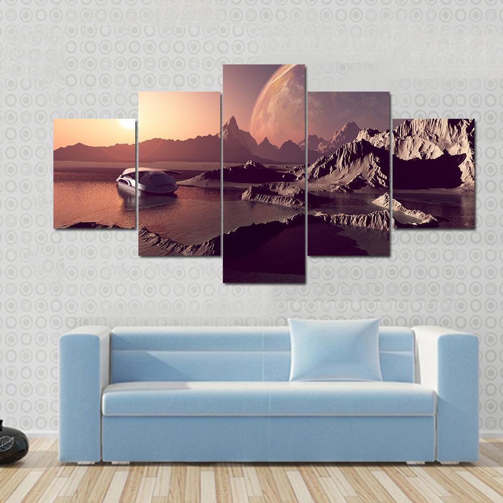 Spacecraft Over The Mountainous Alien Planet Canvas Wall Art-5 Star-Gallery Wrap-62" x 32"-Tiaracle