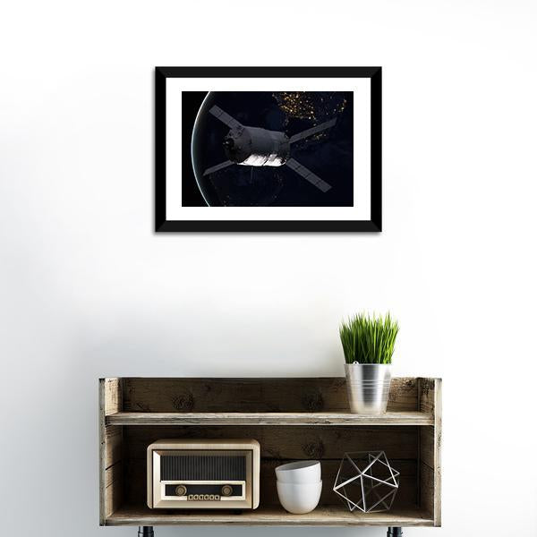 Spacecraft Over The Planet Earth Canvas Wall Art-1 Piece-Framed Print-20" x 16"-Tiaracle