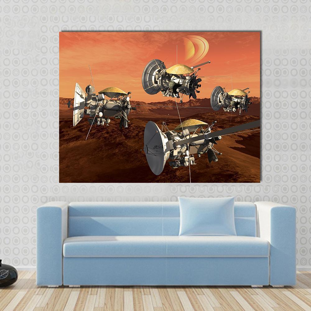 Spacecraft Probes on Mars Canvas Wall Art in brown, silver and orange, single panel hung on a wall