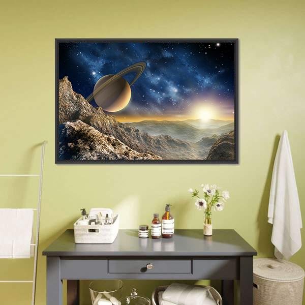 Spacescape Seen From Saturn Moon Canvas Wall Art-1 Piece-Floating Frame-24" x 16"-Tiaracle