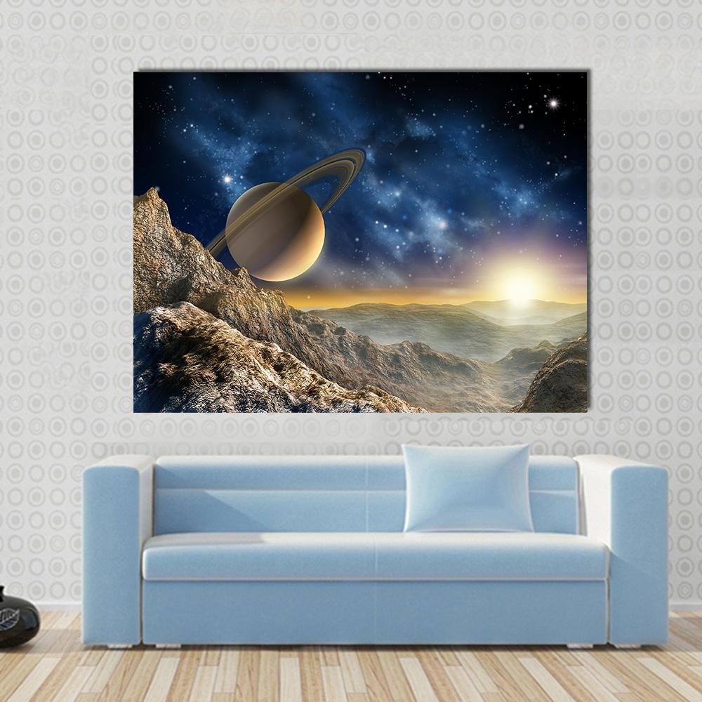 Spacescape Seen from Saturn Moon Canvas Wall Art in black, brown and blue, single panel hung on a wall