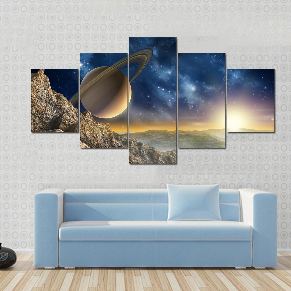 Spacescape Seen From Saturn Moon Canvas Wall Art-5 Star-Gallery Wrap-62" x 32"-Tiaracle