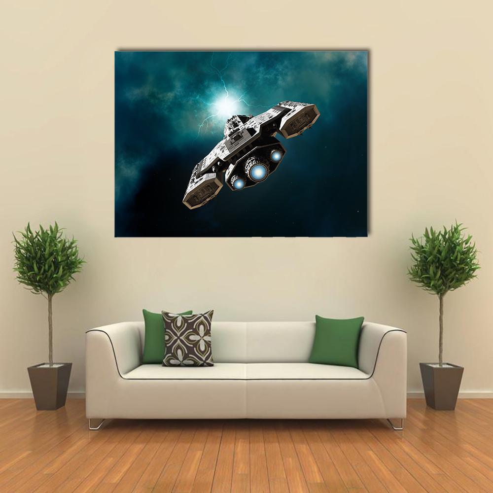 Spaceship Entering a Wormhole Canvas Wall Art in black, white and blue, single panel hung on a wall