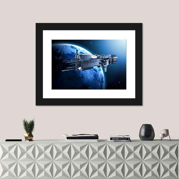 Spaceship Above An Alien Planet Canvas Wall Art-1 Piece-Framed Print-20" x 16"-Tiaracle