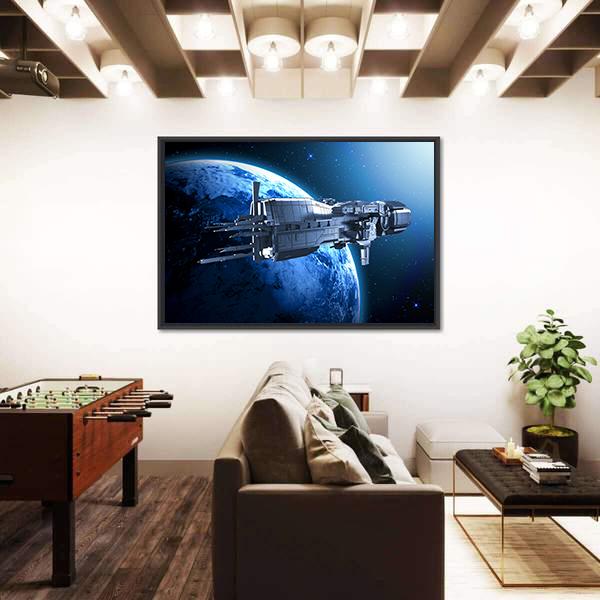 Spaceship Above An Alien Planet Canvas Wall Art-3 Horizontal-Gallery Wrap-25" x 16"-Tiaracle