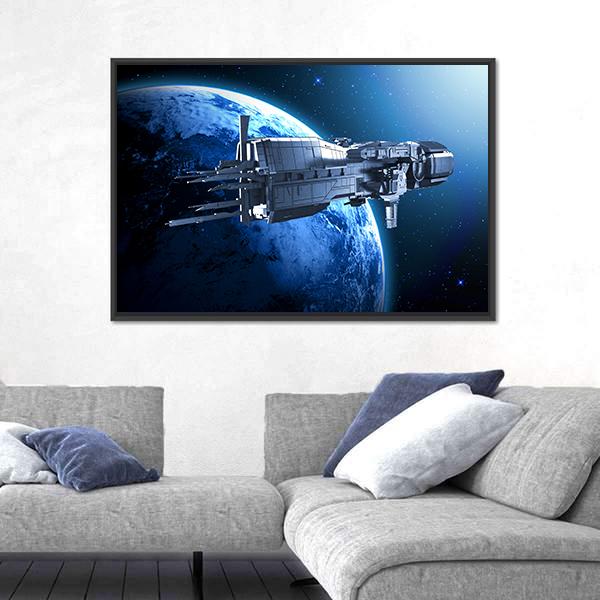 Spaceship Above An Alien Planet Canvas Wall Art-3 Horizontal-Gallery Wrap-25" x 16"-Tiaracle