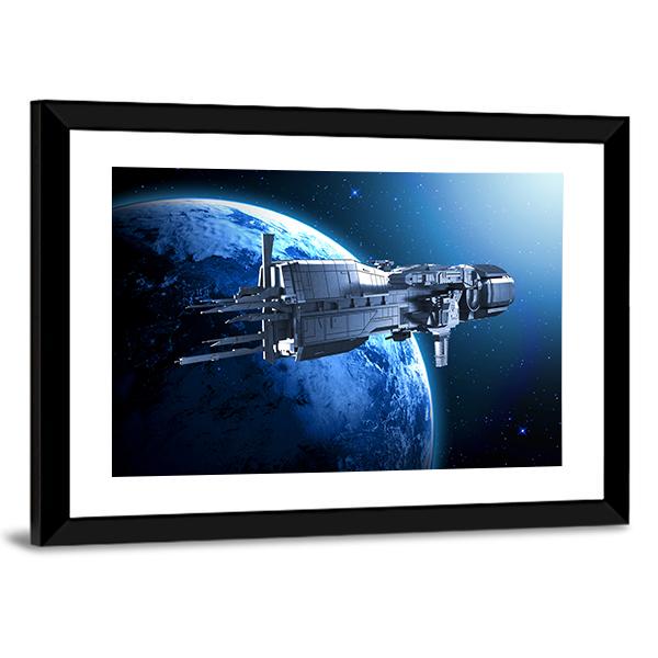 Spaceship Above An Alien Planet Canvas Wall Art-3 Horizontal-Gallery Wrap-25" x 16"-Tiaracle