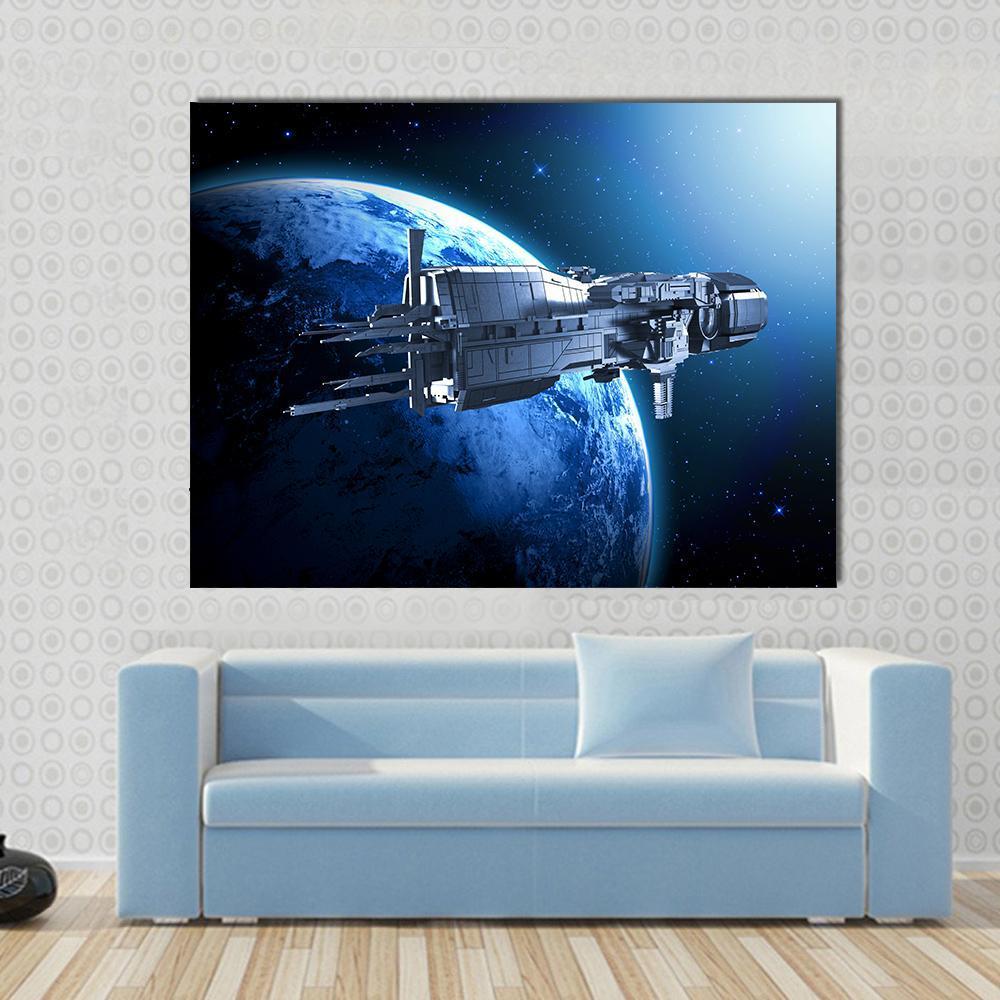 Spaceship Above an Alien Planet Canvas Wall Art in black and blue, single panel hung on a wall