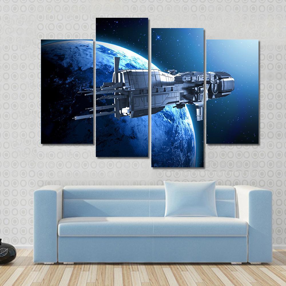 Spaceship Above An Alien Planet Canvas Wall Art-4 Pop-Gallery Wrap-50" x 32"-Tiaracle
