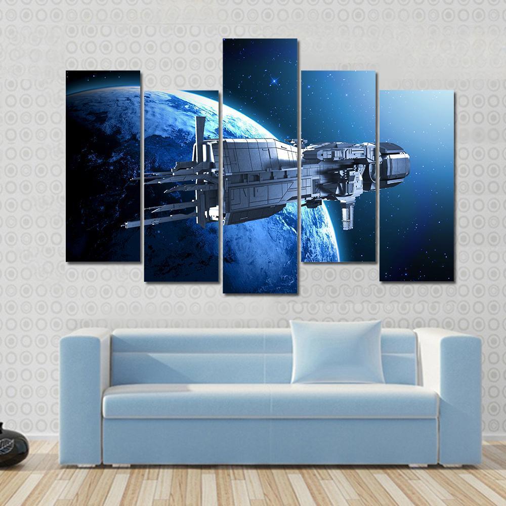 Spaceship Above An Alien Planet Canvas Wall Art-5 Pop-Gallery Wrap-47" x 32"-Tiaracle