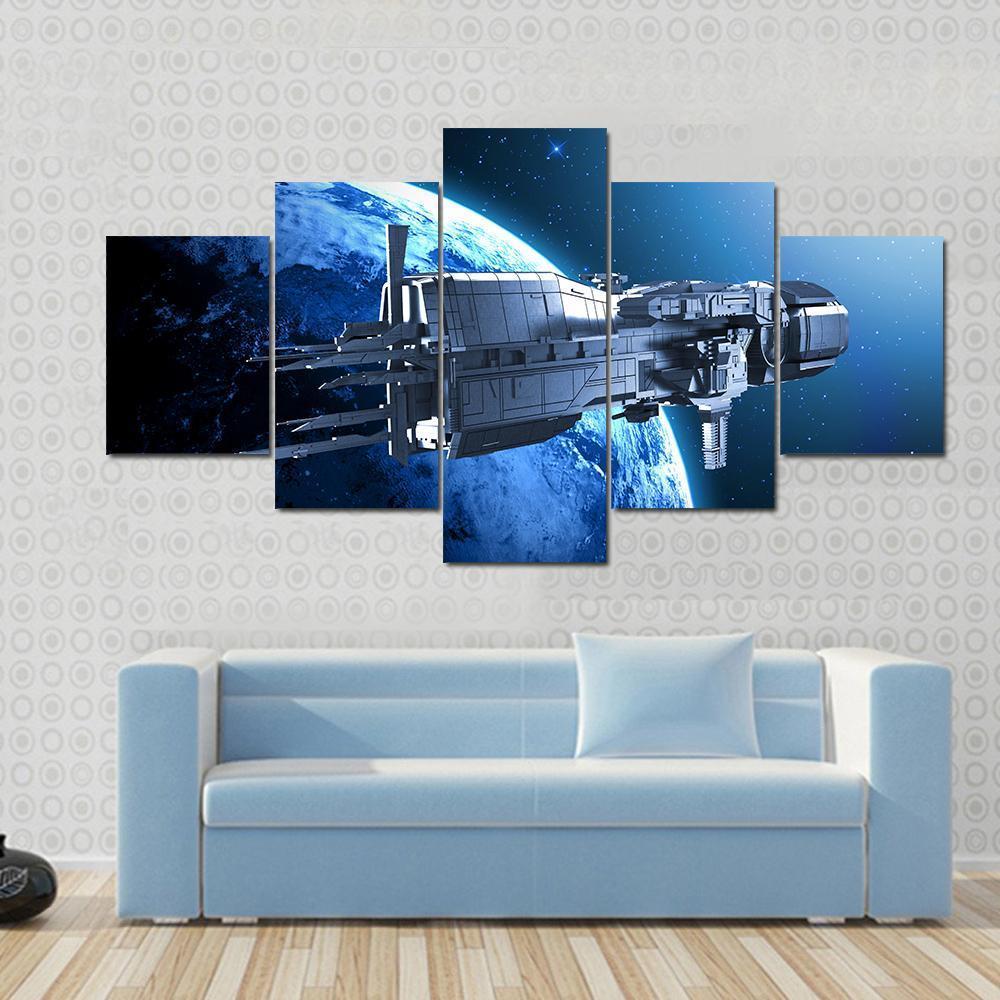 Spaceship Above An Alien Planet Canvas Wall Art-5 Pop-Gallery Wrap-47" x 32"-Tiaracle