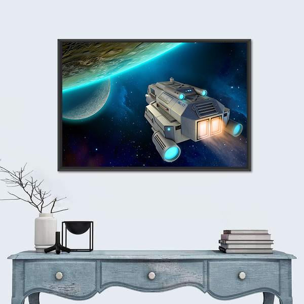 Spaceship Approaching A Planet Canvas Wall Art-1 Piece-Floating Frame-24" x 16"-Tiaracle