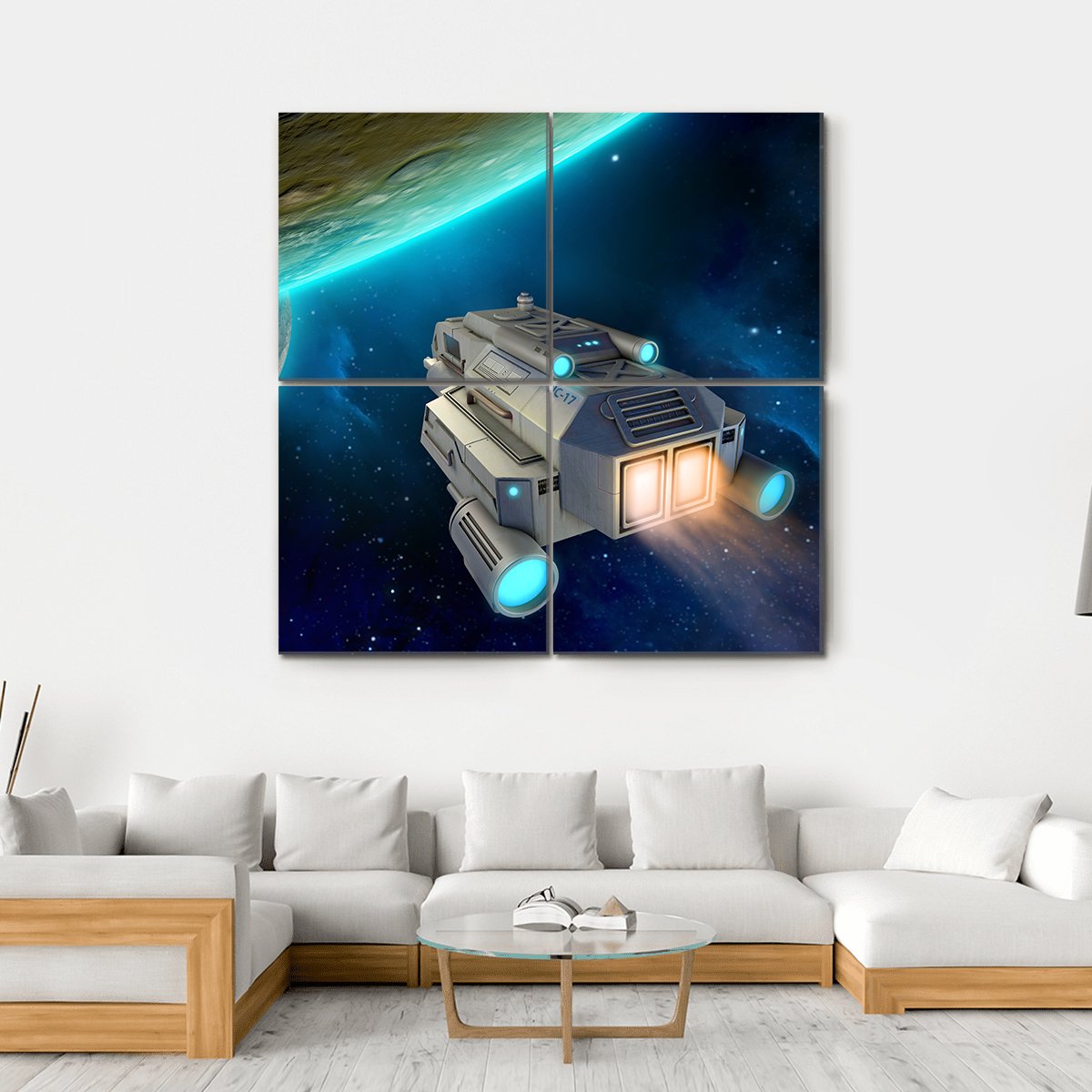 Spaceship Approaching A Planet Canvas Wall Art-4 Square-Gallery Wrap-17" x 17"-Tiaracle
