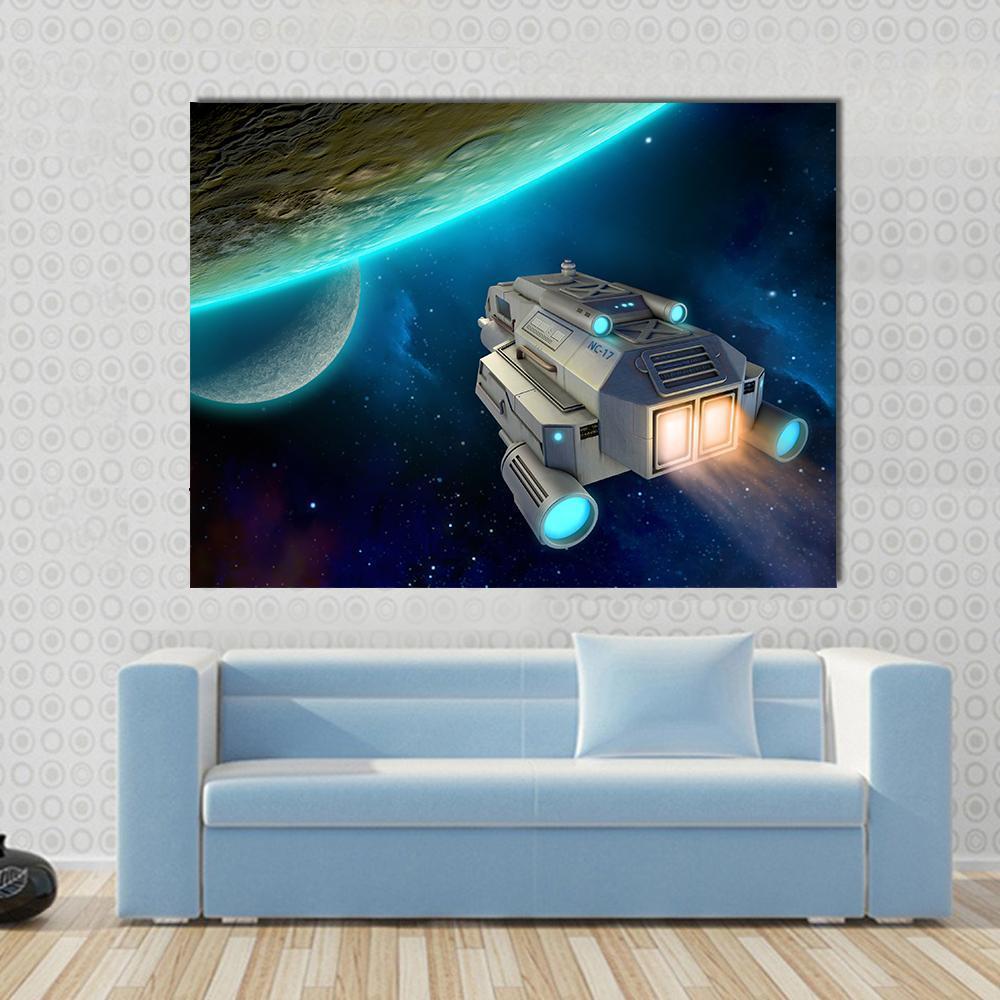 Spaceship Approaching a Planet Canvas Wall Art in black, gray and blue, single panel hung on a wall