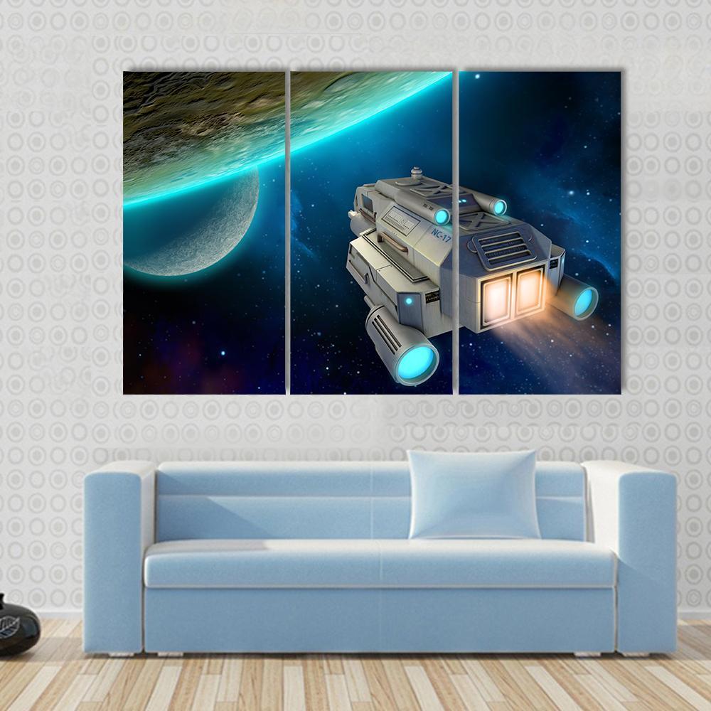 Spaceship Approaching A Planet Canvas Wall Art-3 Horizontal-Gallery Wrap-37" x 24"-Tiaracle