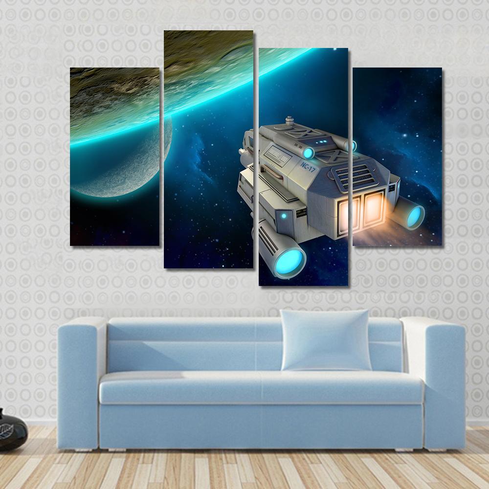 Spaceship Approaching A Planet Canvas Wall Art-4 Pop-Gallery Wrap-50" x 32"-Tiaracle