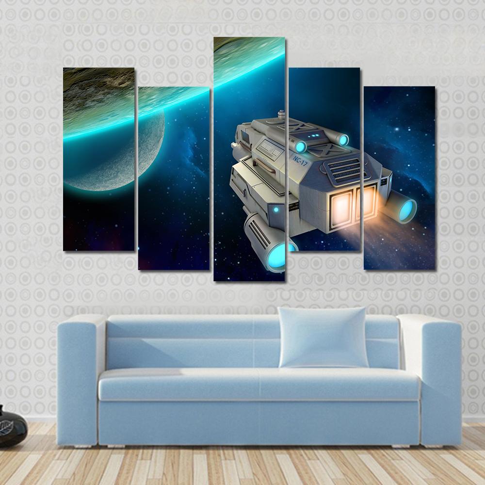 Spaceship Approaching A Planet Canvas Wall Art-5 Pop-Gallery Wrap-47" x 32"-Tiaracle