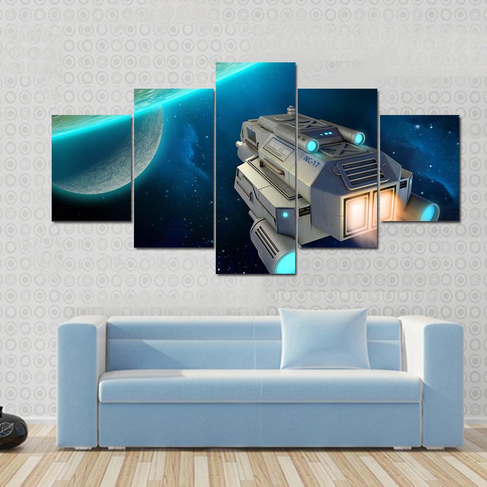 Spaceship Approaching A Planet Canvas Wall Art-1 Piece-Gallery Wrap-48" x 32"-Tiaracle