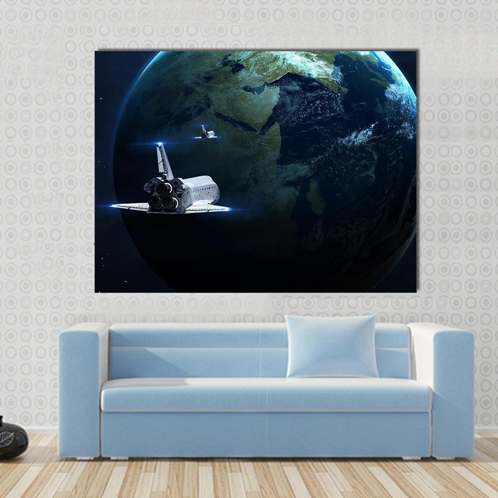 Spaceship Approaching Earth Canvas Wall Art-1 Piece-Gallery Wrap-36" x 24"-Tiaracle