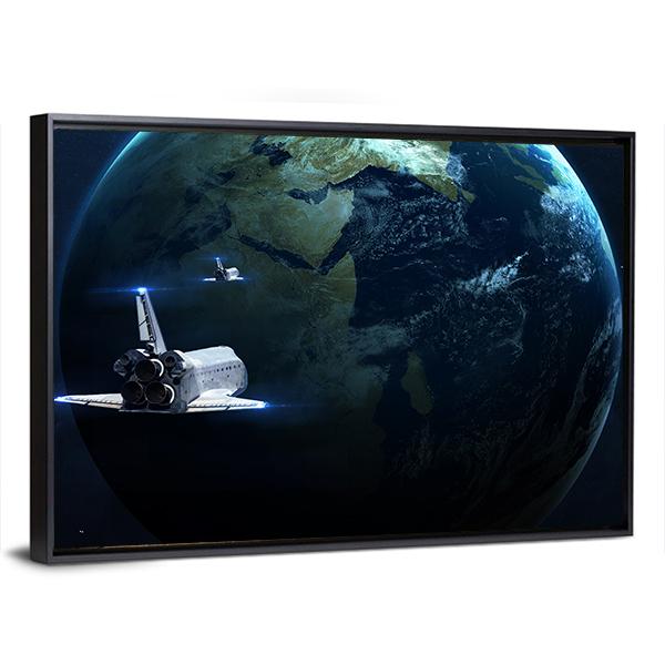 Spaceship Approaching Earth Canvas Wall Art-3 Horizontal-Gallery Wrap-25" x 16"-Tiaracle