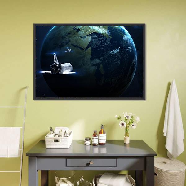 Spaceship Approaching Earth Canvas Wall Art-1 Piece-Floating Frame-24" x 16"-Tiaracle