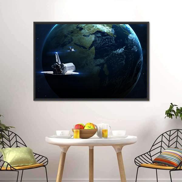 Spaceship Approaching Earth Canvas Wall Art-3 Horizontal-Gallery Wrap-25" x 16"-Tiaracle