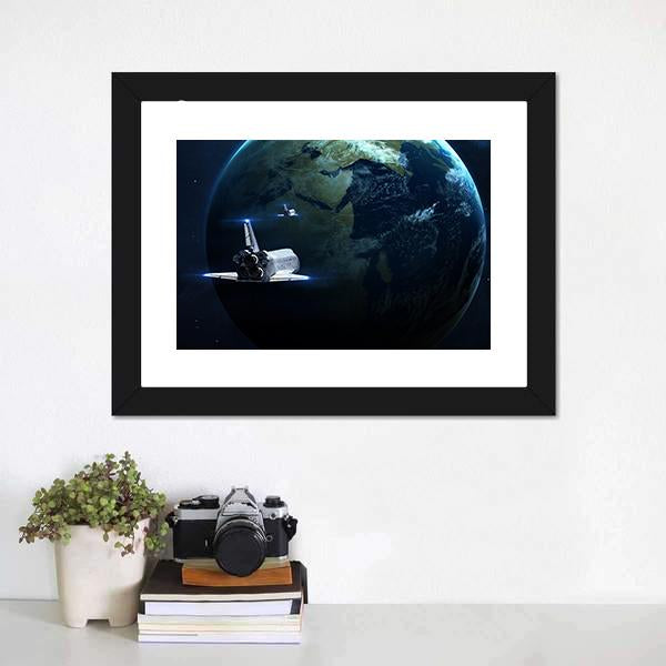 Spaceship Approaching Earth Canvas Wall Art-1 Piece-Framed Print-20" x 16"-Tiaracle