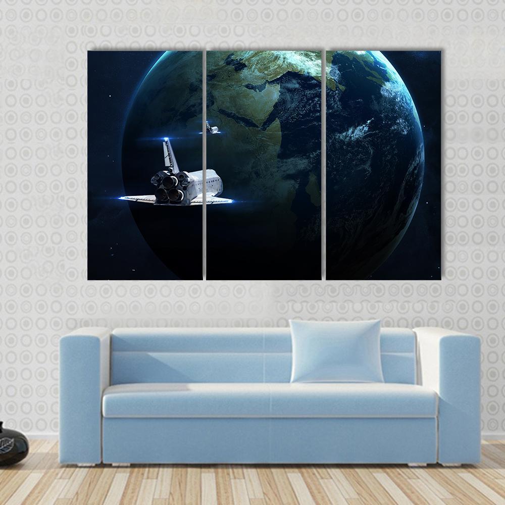 Spaceship Approaching Earth Canvas Wall Art-3 Horizontal-Gallery Wrap-37" x 24"-Tiaracle