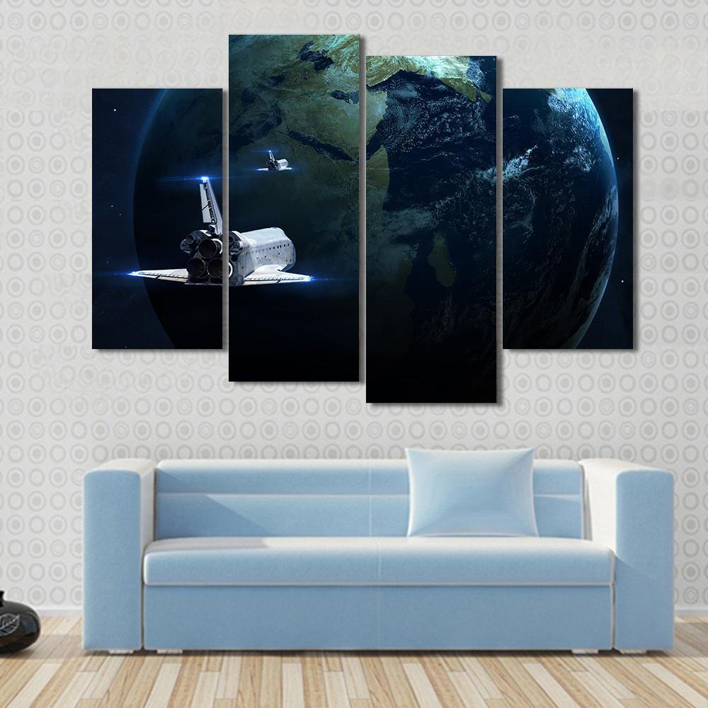 Spaceship Approaching Earth Canvas Wall Art-4 Pop-Gallery Wrap-50" x 32"-Tiaracle