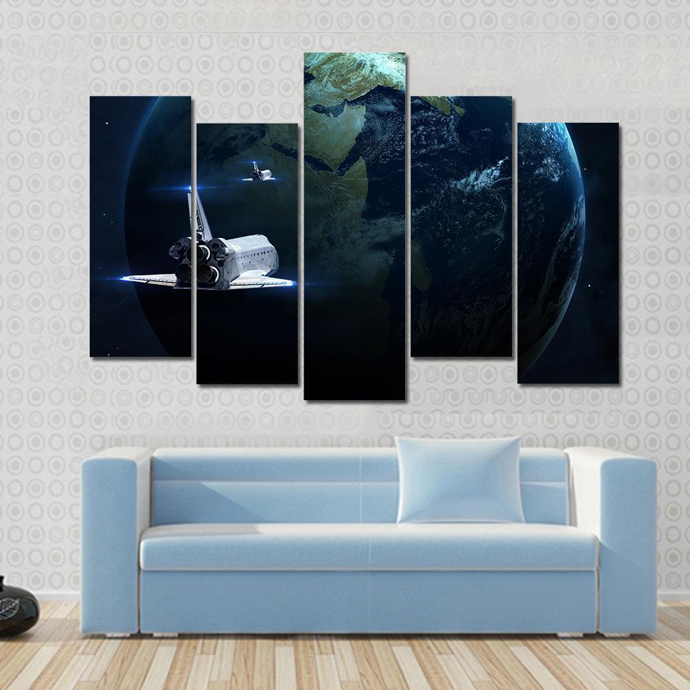 Spaceship Approaching Earth Canvas Wall Art-5 Pop-Gallery Wrap-47" x 32"-Tiaracle