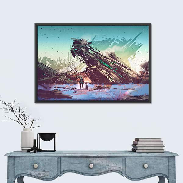 Spaceship Crashed Canvas Wall Art-1 Piece-Floating Frame-24" x 16"-Tiaracle