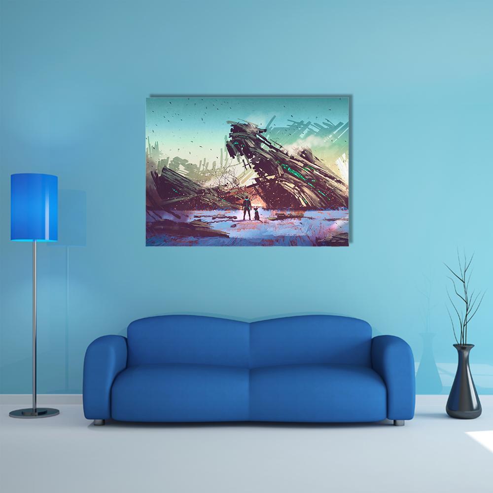 Crashed Spaceship in Ruined Landscape Canvas Wall Art in gray, brown and blue, single panel hung on a wall