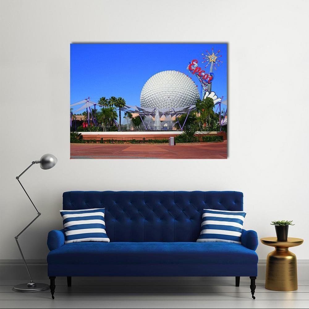 Spaceship Earth with Mickey Mouse Canvas Wall Art in white, silver and blue, single panel hung on a wall