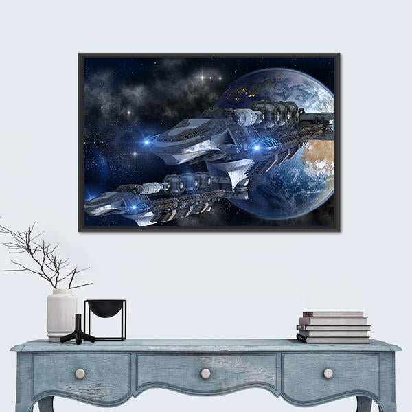 Spaceship Fleet Leaving Earth Canvas Wall Art in black, gray and blue, framed canvas, product view on a white background