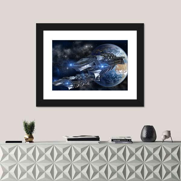 Spaceship Fleet Leaving Earth Canvas Wall Art in black, gray and blue, framed print, product view on a white background