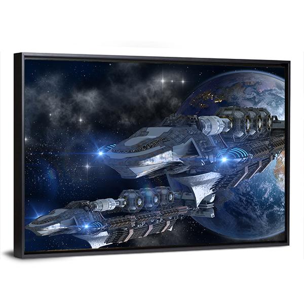 Spaceship Fleet Leaving Earth Canvas Wall Art-3 Horizontal-Gallery Wrap-25" x 16"-Tiaracle