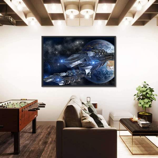 Spaceship Fleet Leaving Earth Canvas Wall Art-3 Horizontal-Gallery Wrap-25" x 16"-Tiaracle