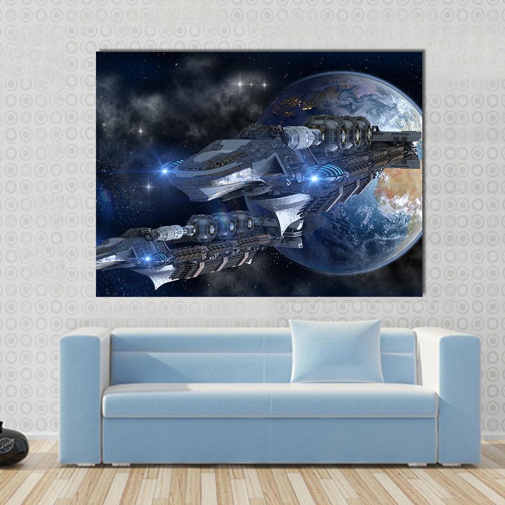 Spaceship Fleet Leaving Earth Canvas Wall Art in black, gray and blue, single panel hung on a wall
