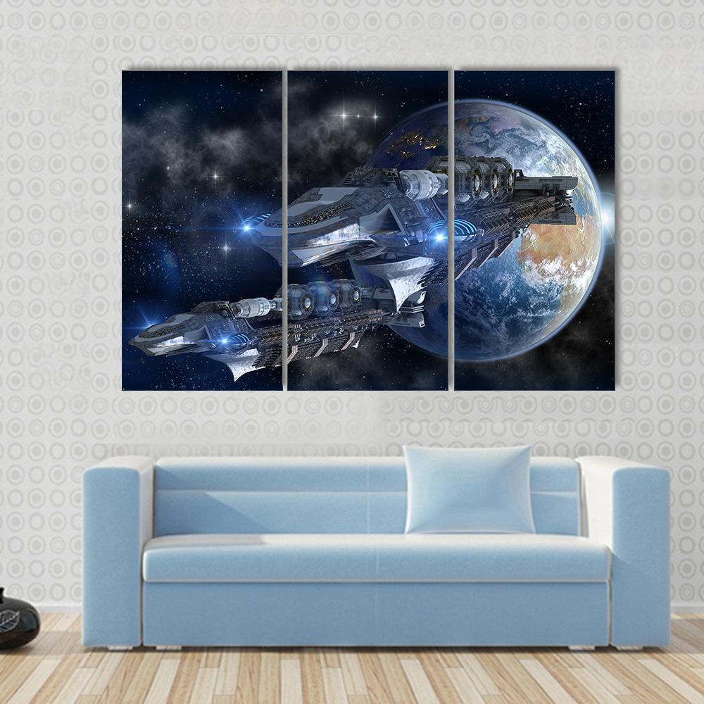 Spaceship Fleet Leaving Earth Canvas Wall Art-3 Horizontal-Gallery Wrap-37" x 24"-Tiaracle