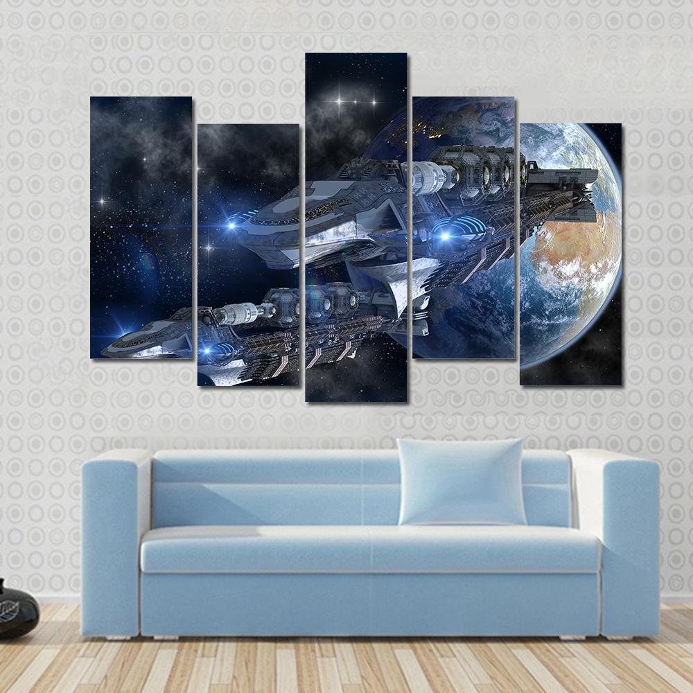 Spaceship Fleet Leaving Earth Canvas Wall Art-5 Pop-Gallery Wrap-47" x 32"-Tiaracle