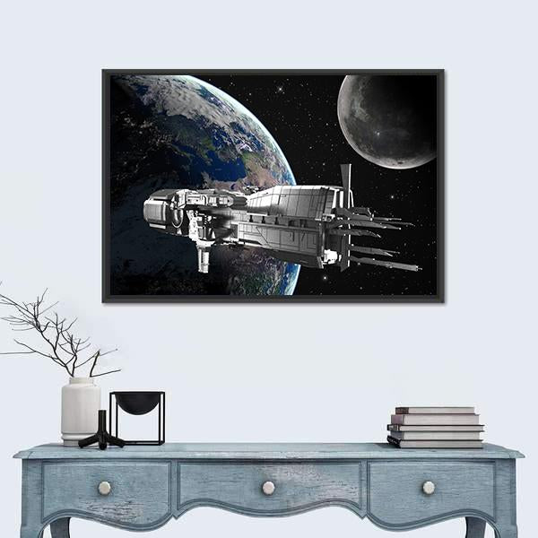 Spaceship in Front of Moon and Earth Canvas Wall Art in black, gray and blue, framed canvas, product view on a white background