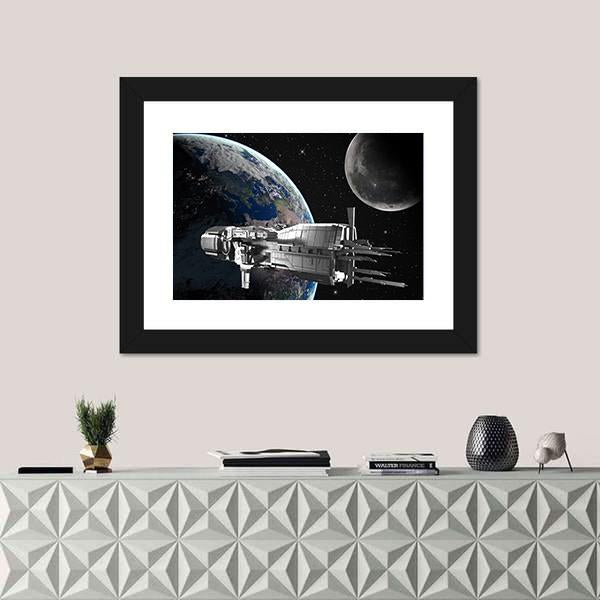 Spaceship in Front of Moon and Earth Canvas Wall Art in black, gray and blue, framed print, product view on a white background