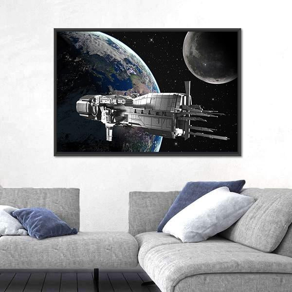 Spaceship In Front Of Moon And Earth Canvas Wall Art-3 Horizontal-Gallery Wrap-25" x 16"-Tiaracle