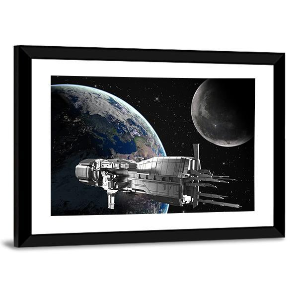 Spaceship In Front Of Moon And Earth Canvas Wall Art-3 Horizontal-Gallery Wrap-25" x 16"-Tiaracle