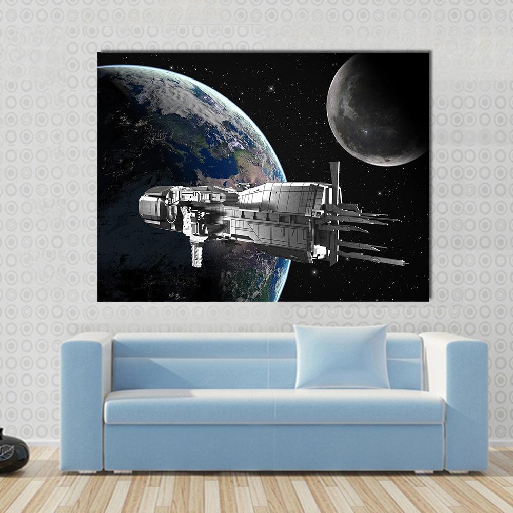 Spacecraft Orbiting Earth and Moon Canvas Wall Art in black, gray and blue, single panel hung on a wall