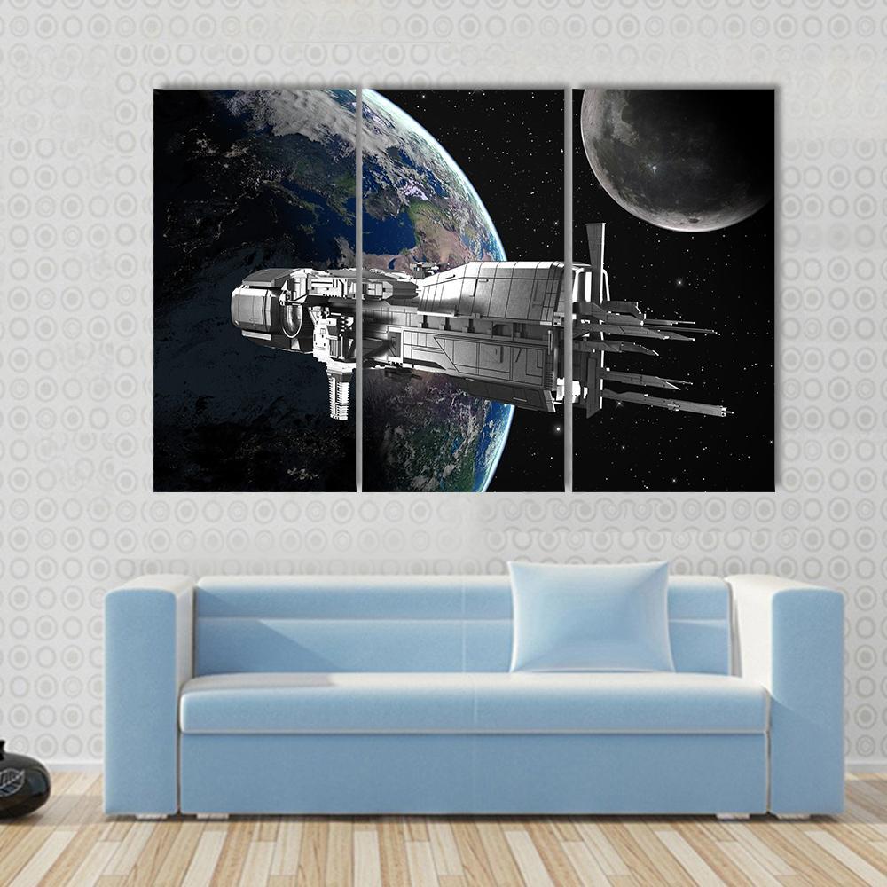 Spaceship In Front Of Moon And Earth Canvas Wall Art-3 Horizontal-Gallery Wrap-37" x 24"-Tiaracle