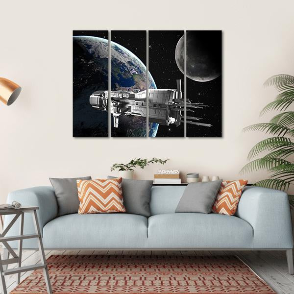 Spaceship In Front Of Moon And Earth Canvas Wall Art-4 Horizontal-Gallery Wrap-34" x 24"-Tiaracle