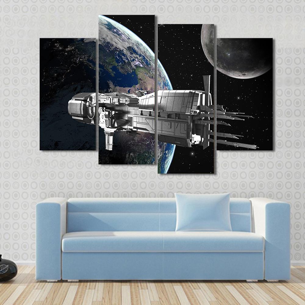 Spaceship In Front Of Moon And Earth Canvas Wall Art-4 Pop-Gallery Wrap-50" x 32"-Tiaracle