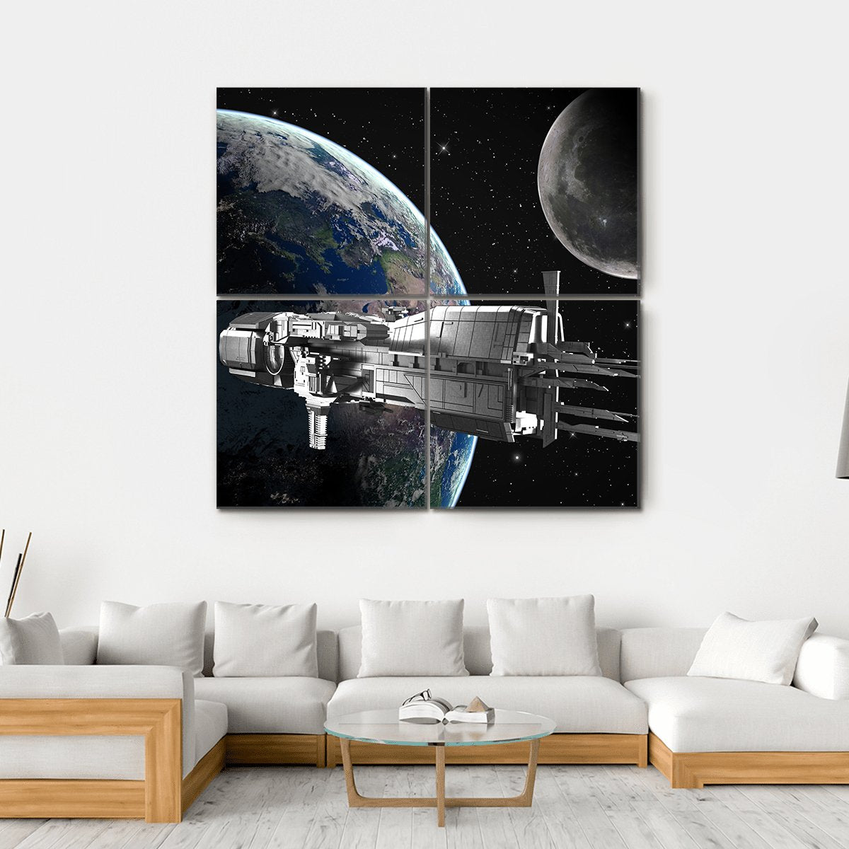 Spaceship In Front Of Moon And Earth Canvas Wall Art-4 Square-Gallery Wrap-17" x 17"-Tiaracle