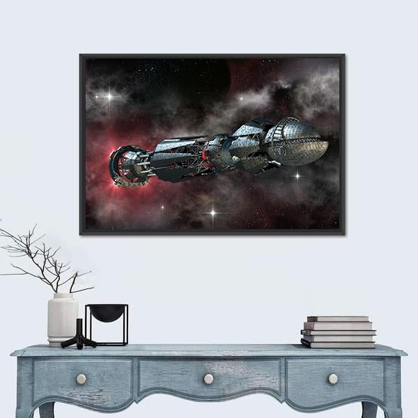 Spaceship In Interstellar Travel On A Galactic Starfield For Alien Canvas Wall Art-1 Piece-Floating Frame-24" x 16"-Tiaracle